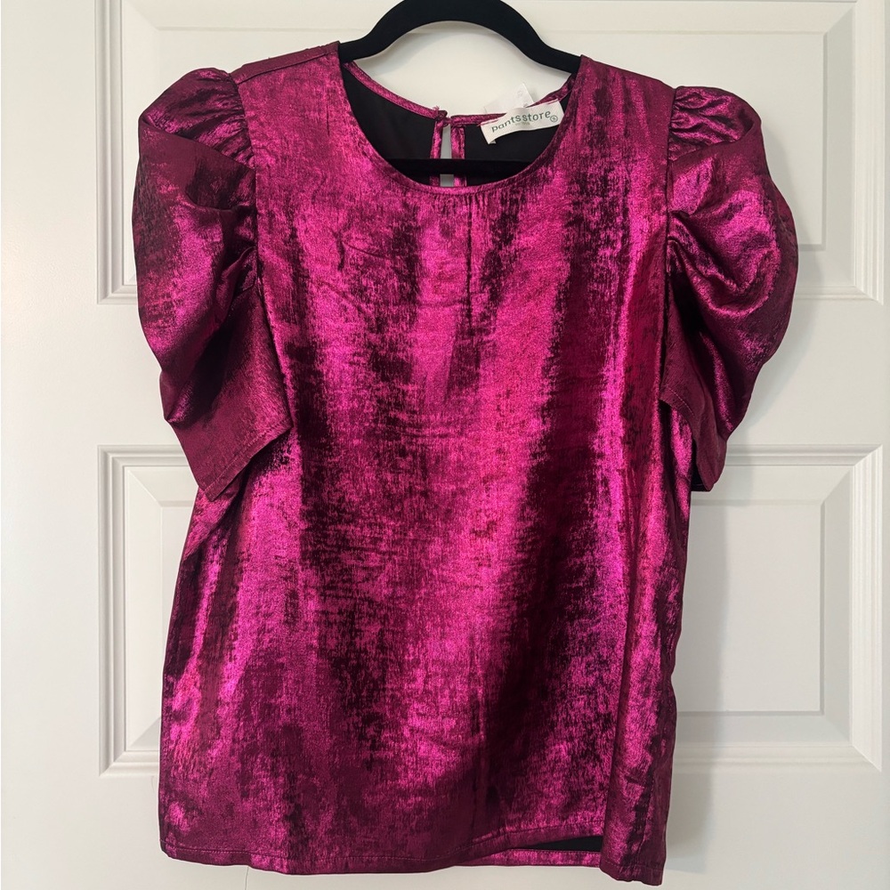 Pants Store Fuchsia Metallic Puff-Sleeve Blouse